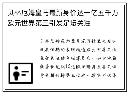 贝林厄姆皇马最新身价达一亿五千万欧元世界第三引发足坛关注 贝林厄姆皇马最新身价达一亿五千万欧元世界第三引发足坛关注